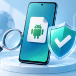 Illustrated smartphone and security shield for APK safety checks
