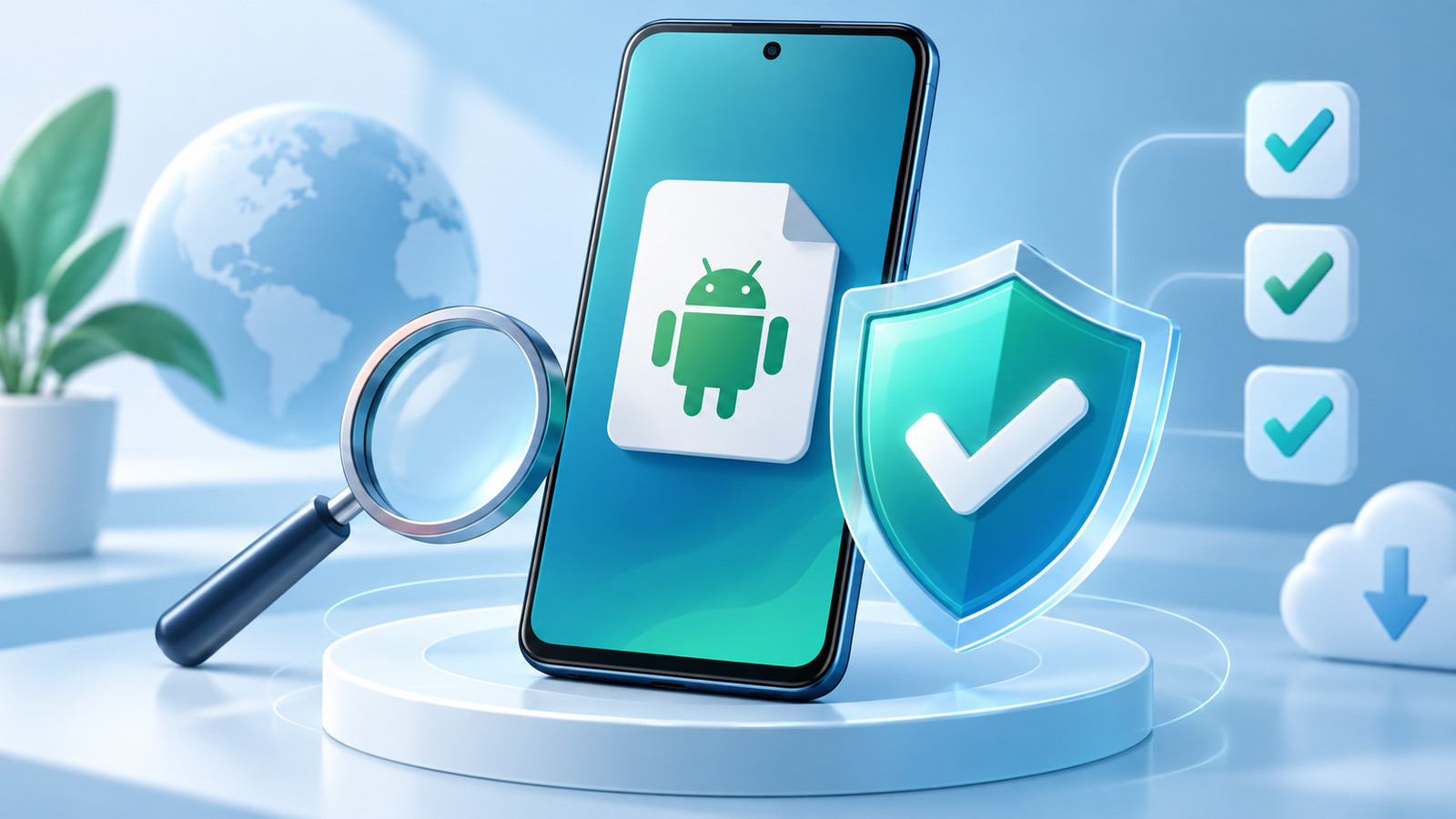 Illustrated smartphone and security shield for APK safety checks