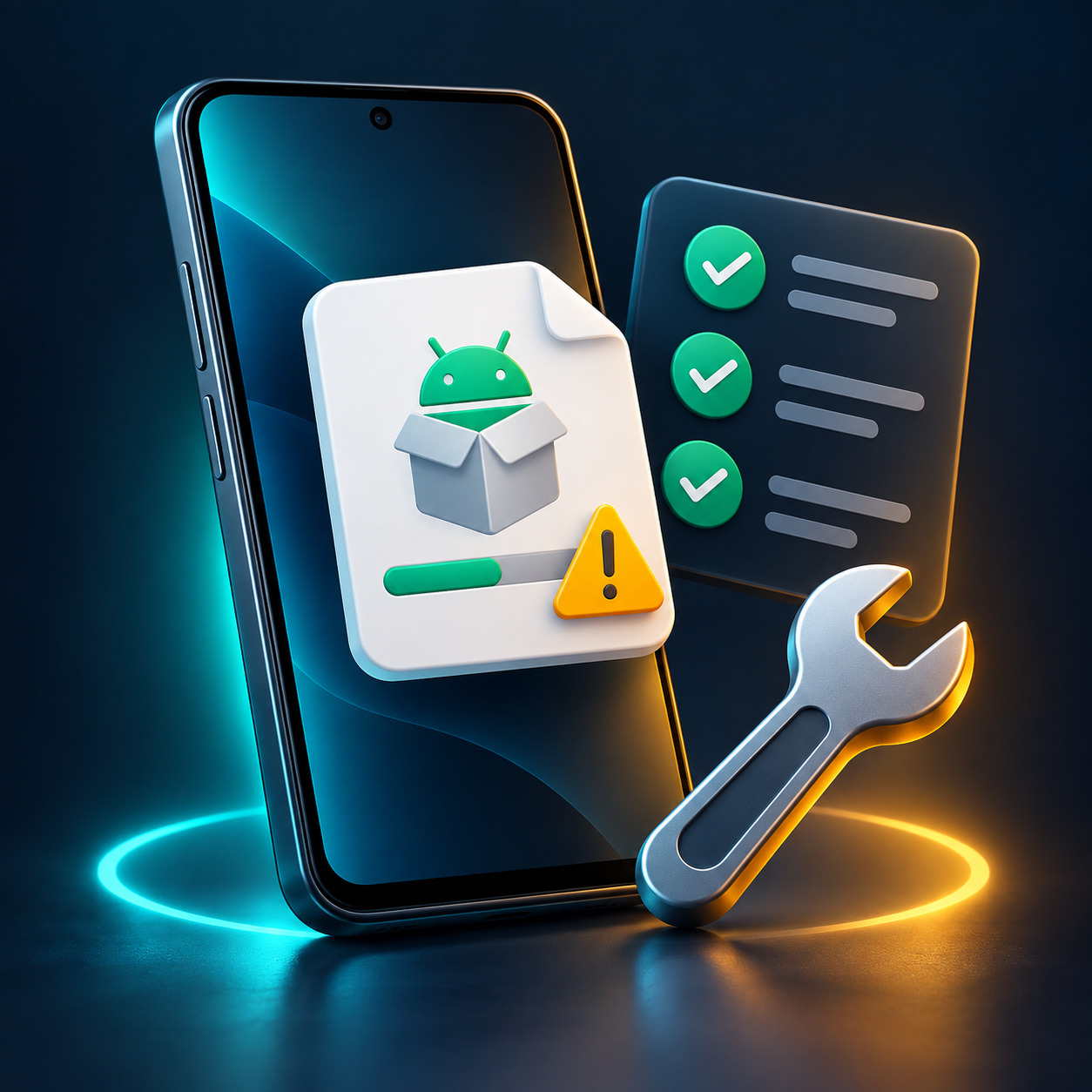 Android APK file with warning symbol, repair tool, and installation checklist