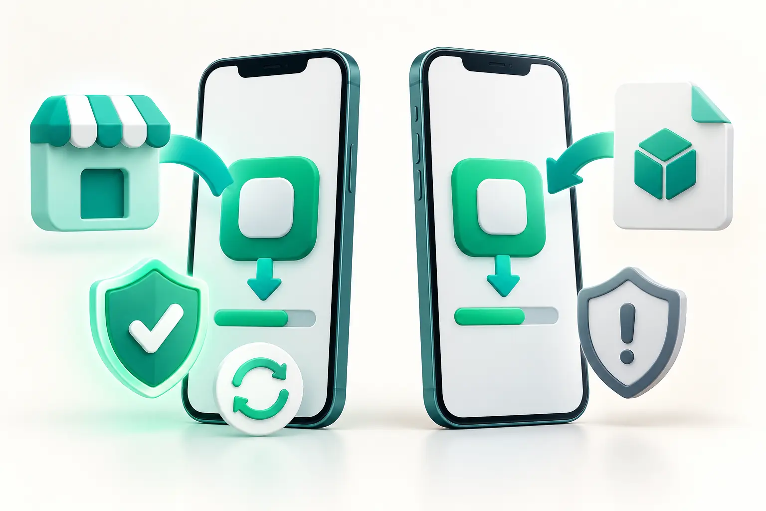 Two Android phones comparing installation from an app store and a standalone APK package
