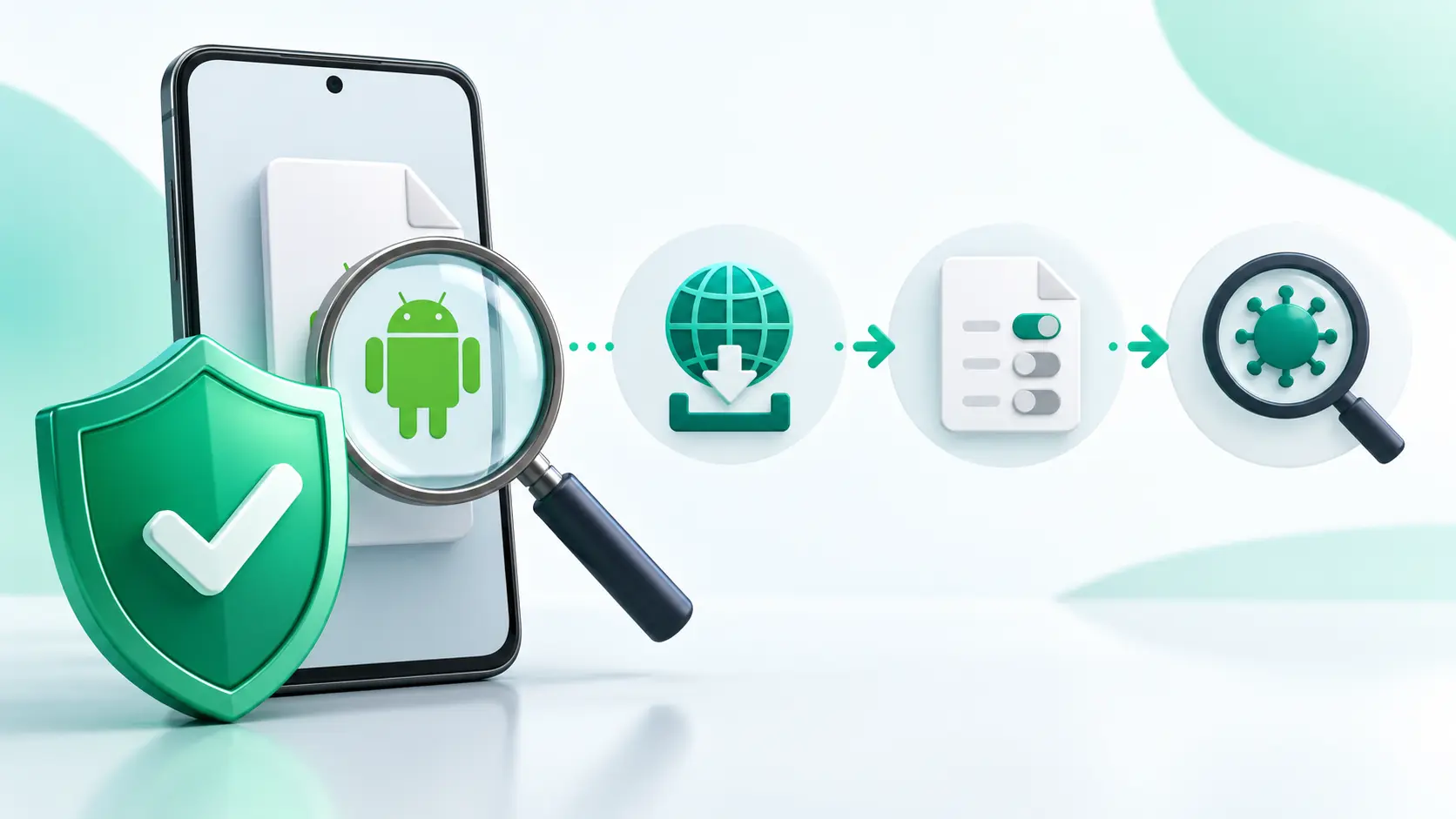 Android phone with APK file, security shield and visual source, permission and malware checks