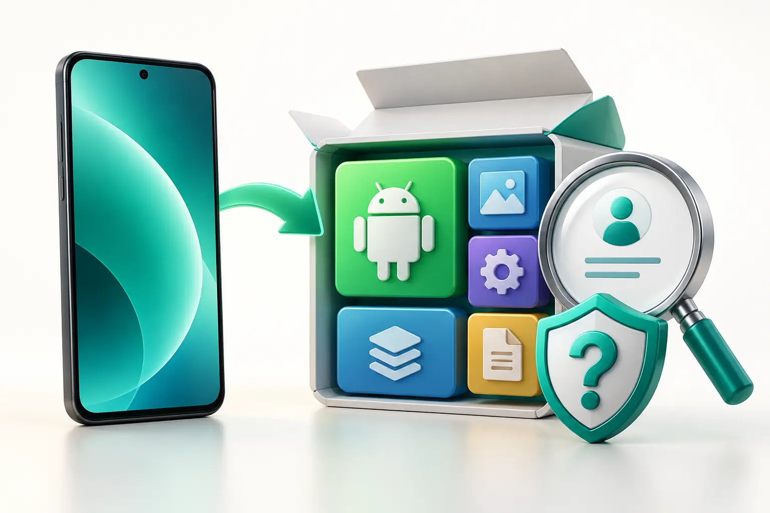 Android phone and multi-part XAPK package with a magnifying glass checking its publisher and components