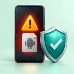 Android phone with a Play Protect blocked APK warning and teal security shield