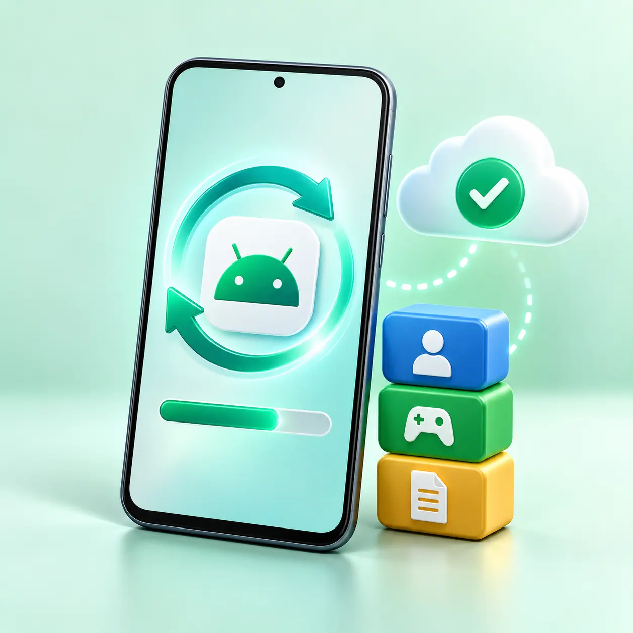 Android phone illustrating how to update APK without losing data with backup cloud and progress icons