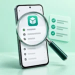 Magnifying glass over an Android phone illustrating APK version and package name checks