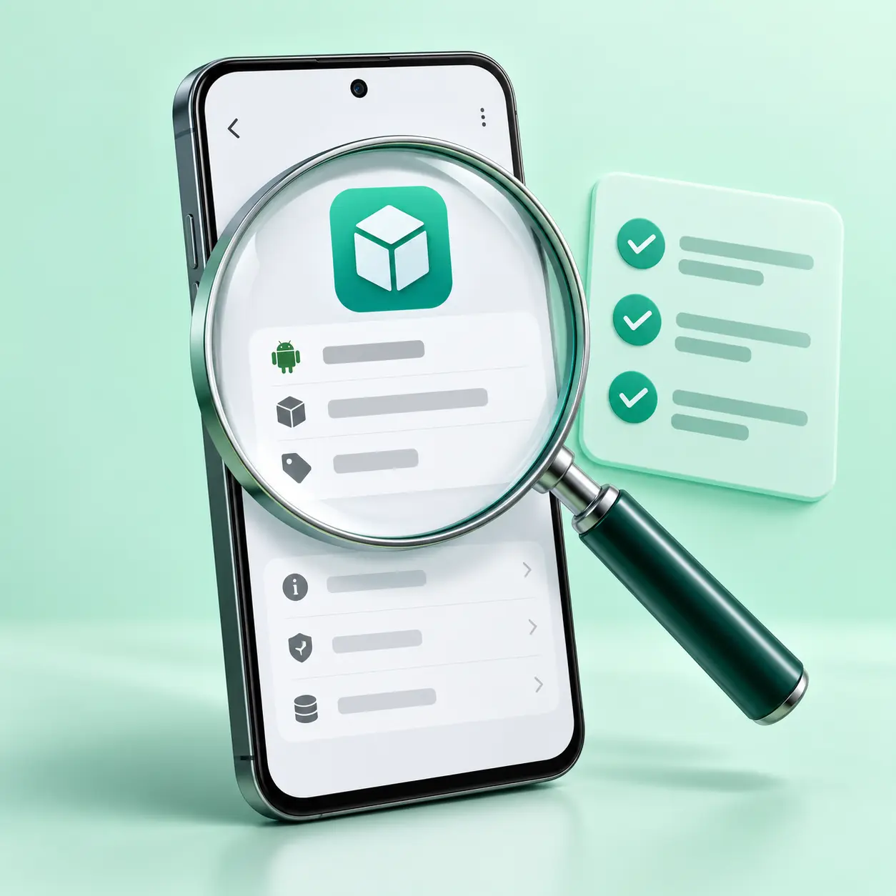 Magnifying glass over an Android phone illustrating APK version and package name checks