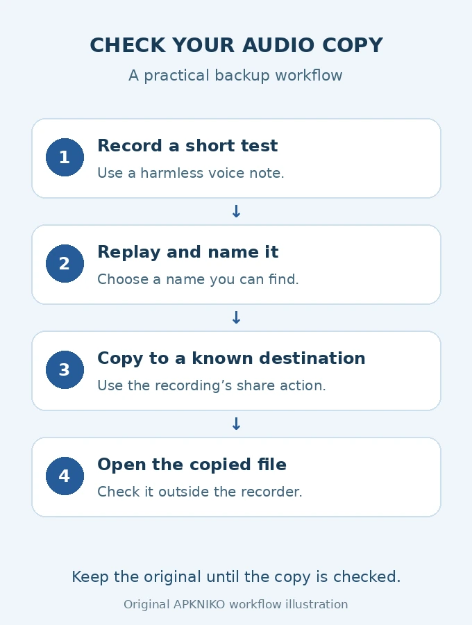 Original APKNIKO workflow for recording, replaying, copying and verifying an audio backup