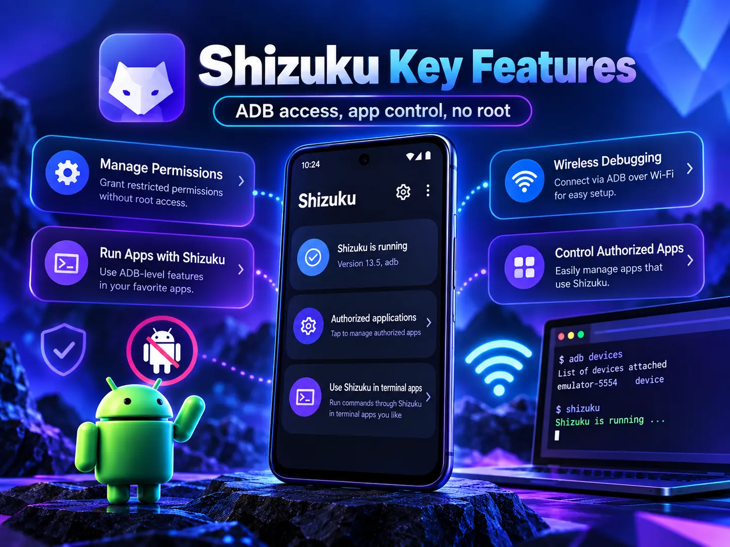 Shizuku key features including ADB access app control and no-root use
