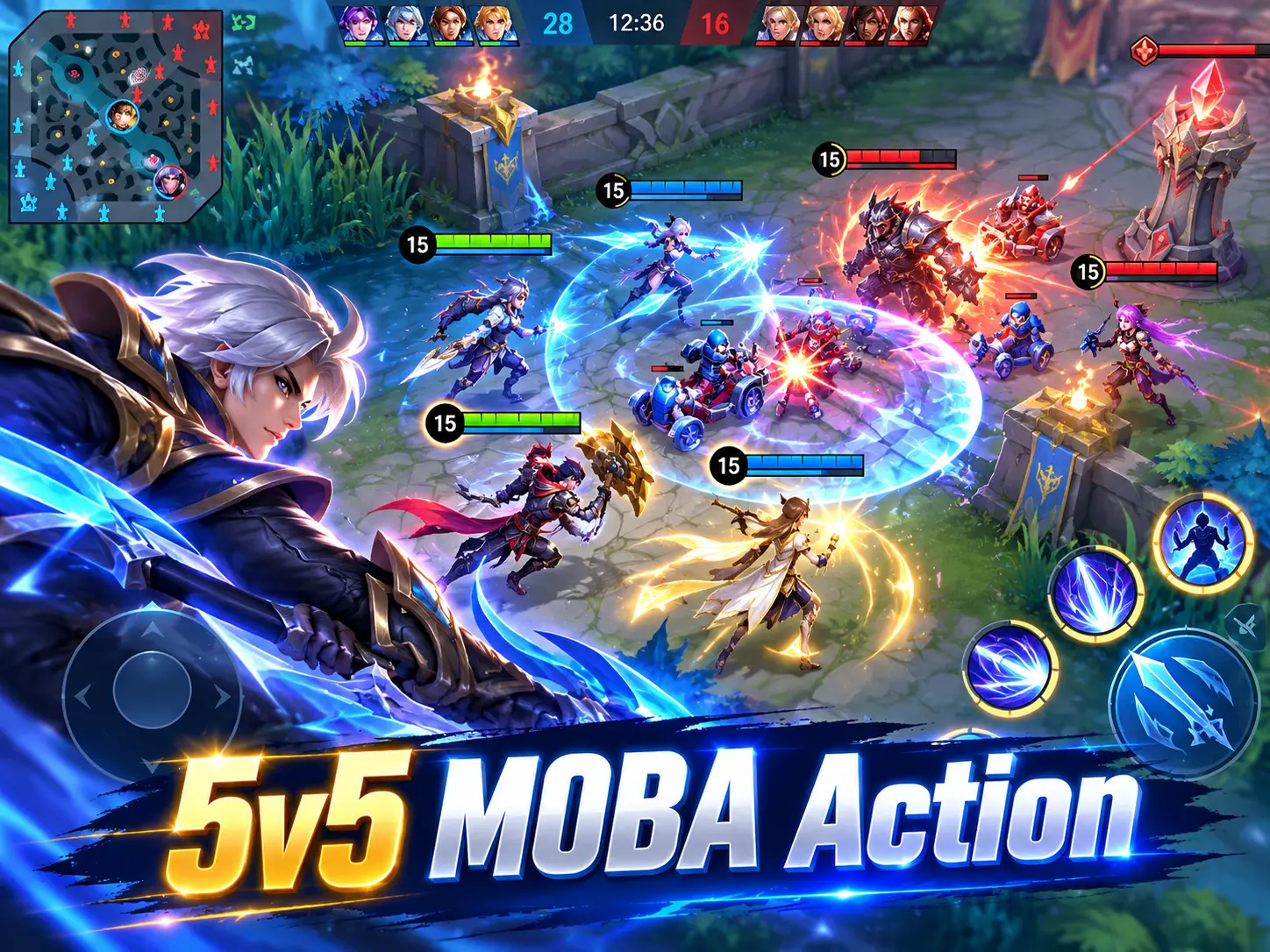 Mobile Legends 5v5 MOBA gameplay with heroes lanes and team battles