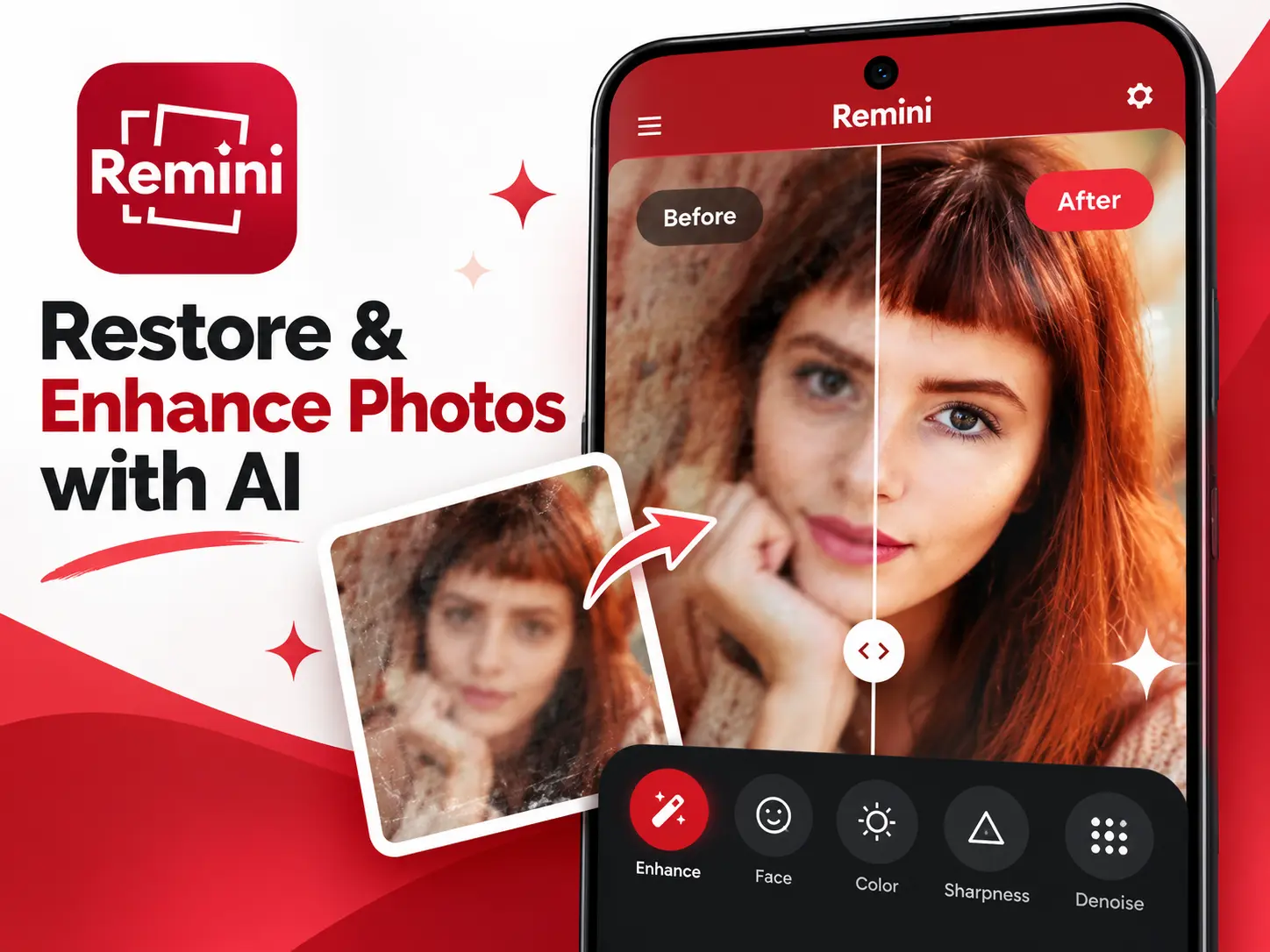 Remini AI photo enhancer before and after photo restoration on Android